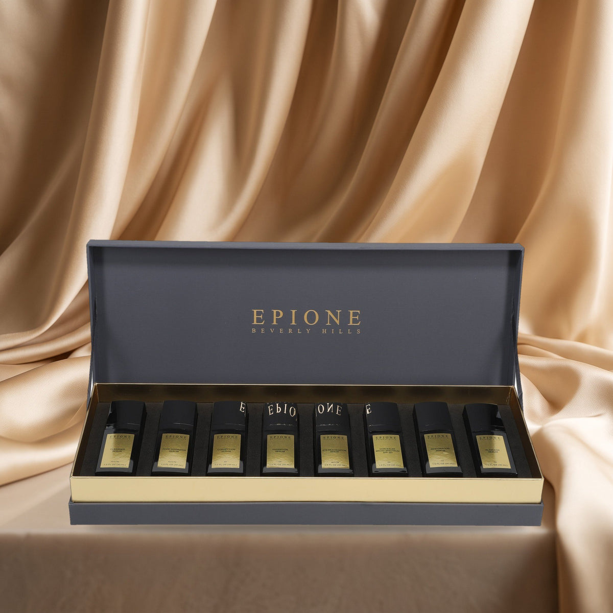 The Epione Signature Series Set of 8 in its gift box on champagne silk